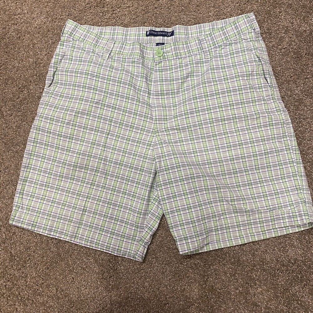 Chase Edward Plaid Golf Shorts‎ Men's Sz 36 Lime Green Performance Golf Preppy